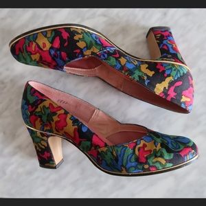 colorful 50s pumps vintage multicolor gold leather high block heels mid century
